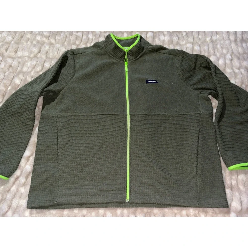 Lands End Full Zip Fleece Jacket Mens 2XL Green Lightweight Hiking Camping